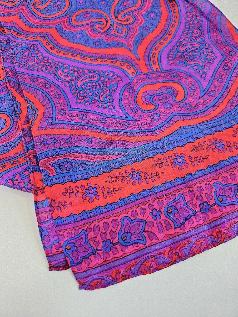 Vintage Vibrant Jewel Tone Paisley Mandela Rolled Edge Long Silk Scarf Foulard